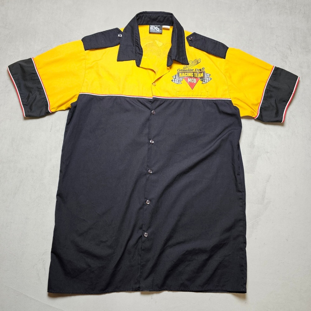 Vintage Miller Genuine Draft MGD Racing Team Pit Shirt Yellow Black Mens L